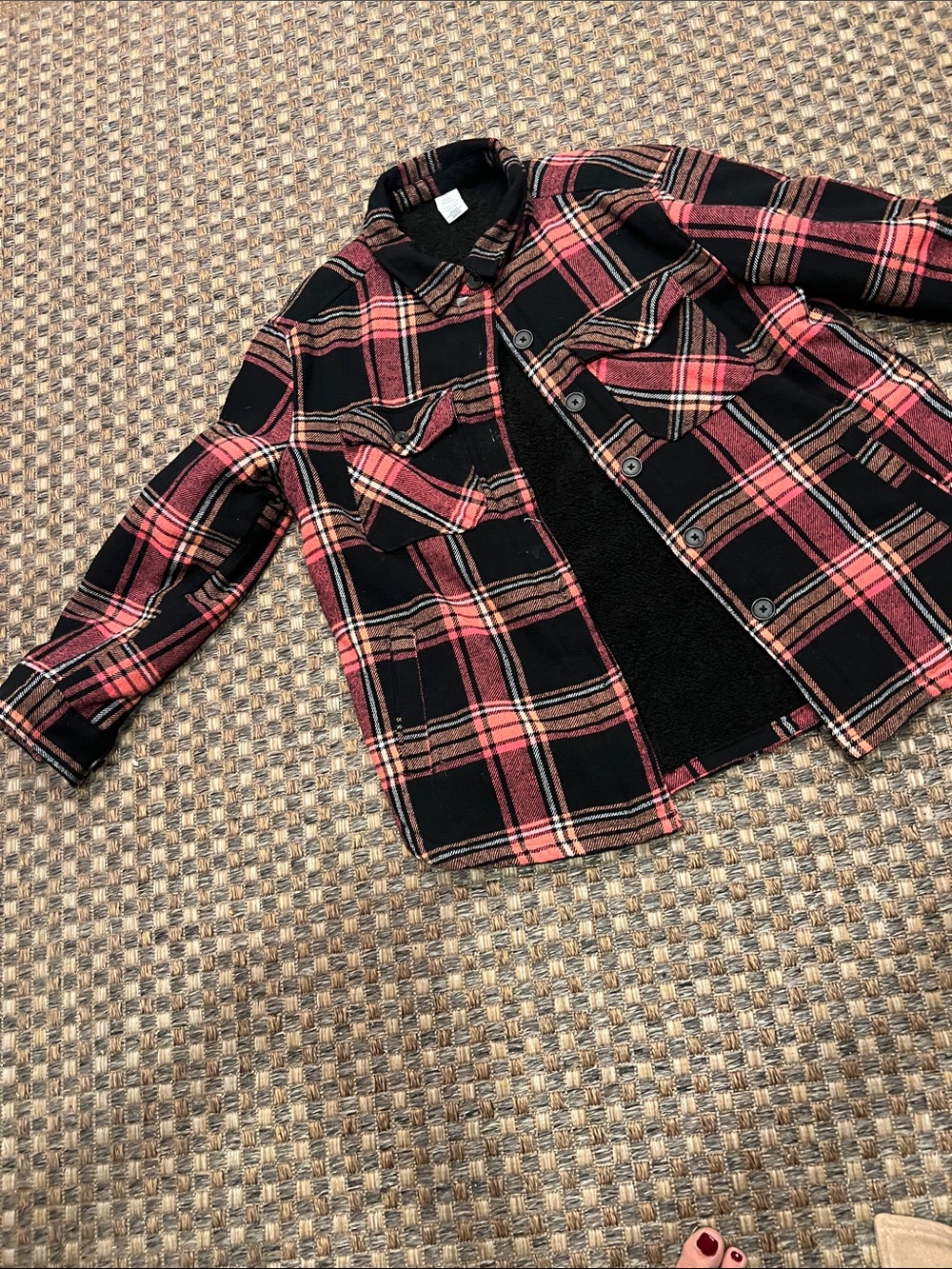 Pink & Black Plaid Sherpa-Lined Button-Up Shirt Jacket